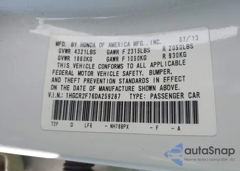 2013 Honda Accord Ex from USA, damaged, VIN 1HGCR2F76DA259287